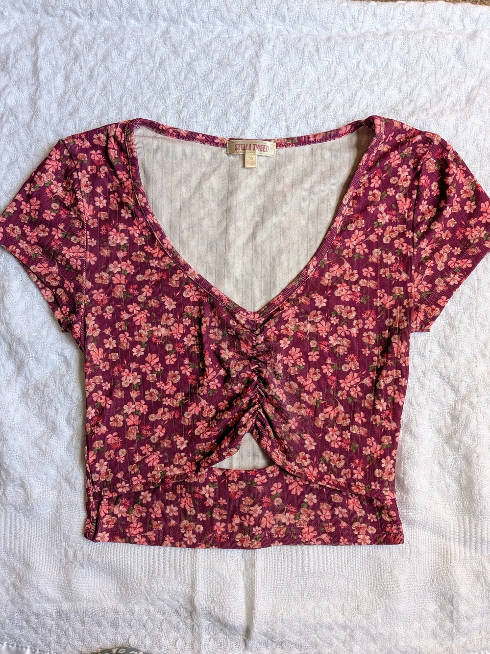 2 Piece For $6 Floral Ruched Crop Top - Burgundy Pink And Cream Crop Top